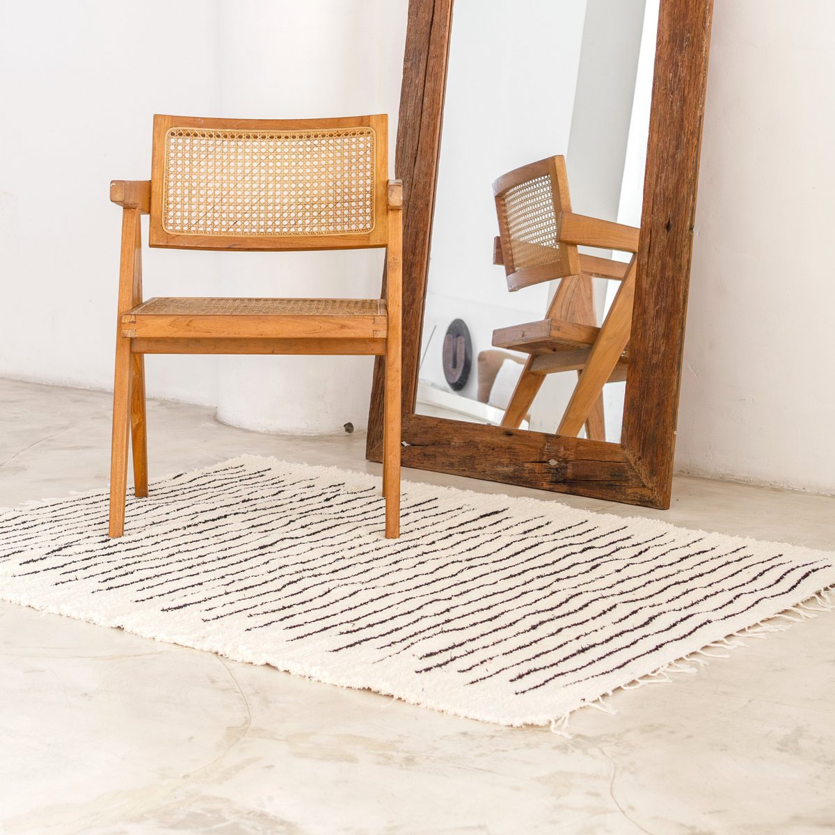 Large white cotton rug with black stripes 150x120 cm KERTA hand-woven