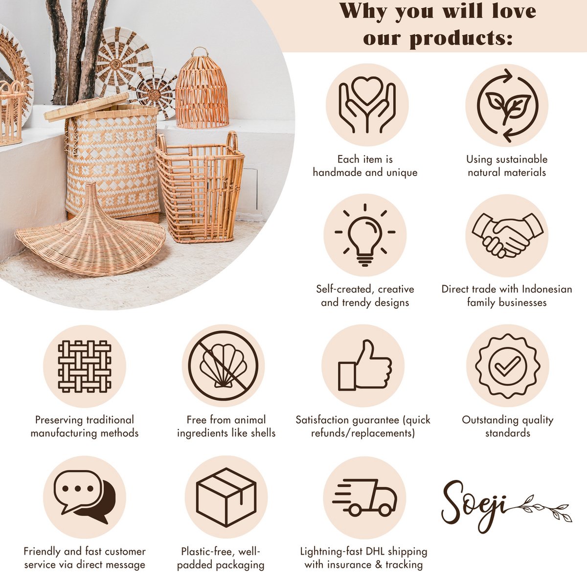 White vase – decorative round vase – small vase for dried flowers – handmade clay vase – flower vase made of clay and rattan (Ø 23 cm) TUBAN