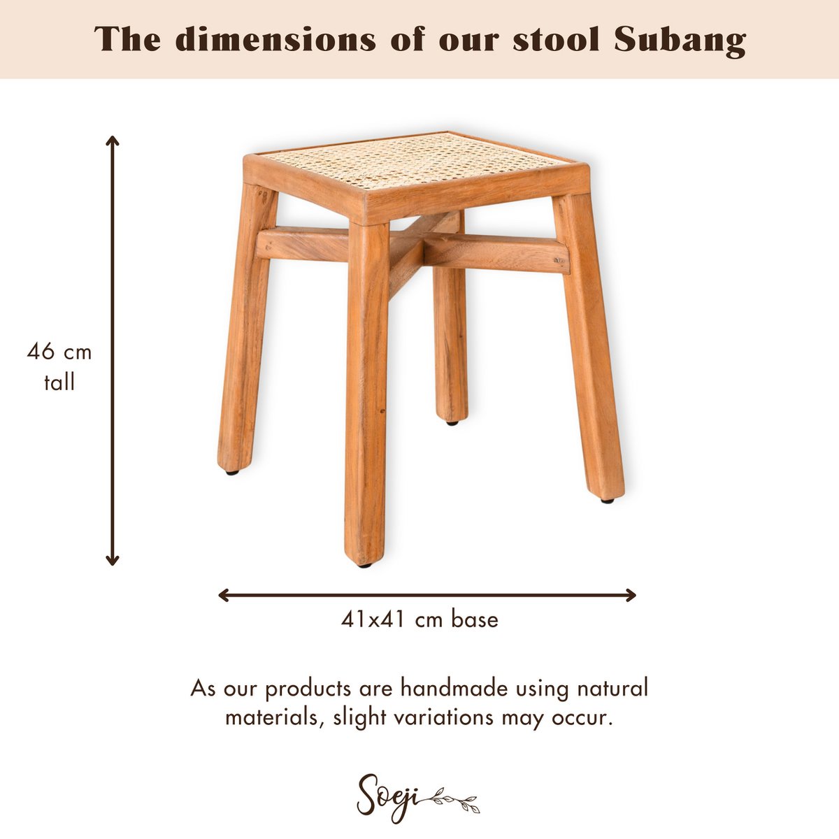 Wooden stool – solid rectangular stool – handmade square stool made of rain tree wood with woven rattan seat surface SUBANG
