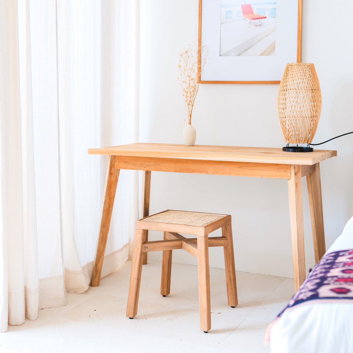 Wooden stool – solid rectangular stool – handmade square stool made of rain tree wood with woven rattan seat surface SUBANG