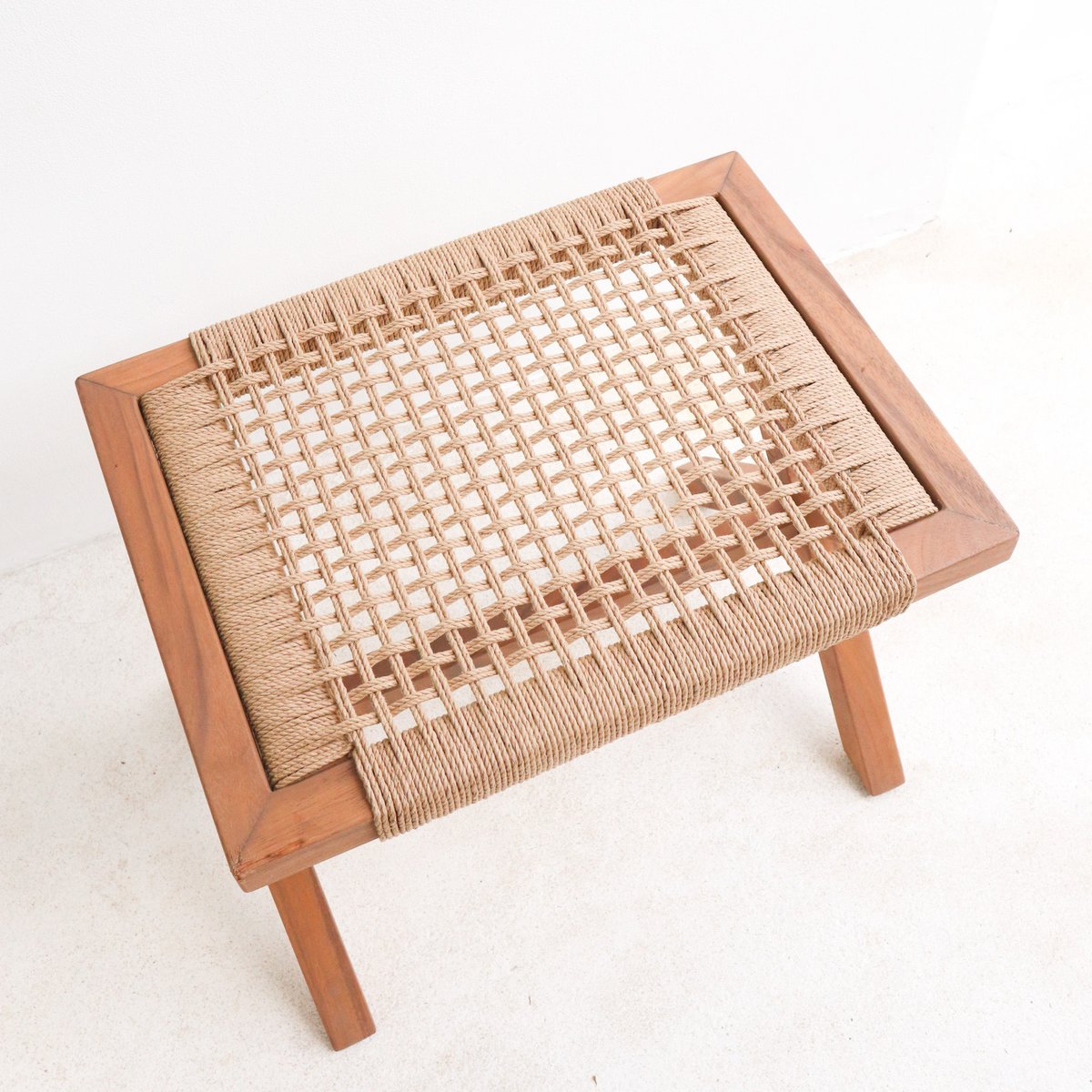 Large wooden stool INDRA (beige) made of Trembesi with a seat made of woven recycled paper