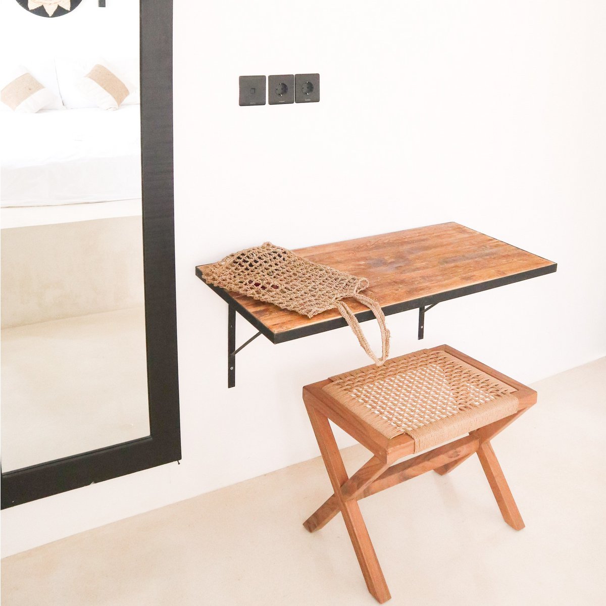 Large wooden stool INDRA (beige) made of Trembesi with a seat made of woven recycled paper