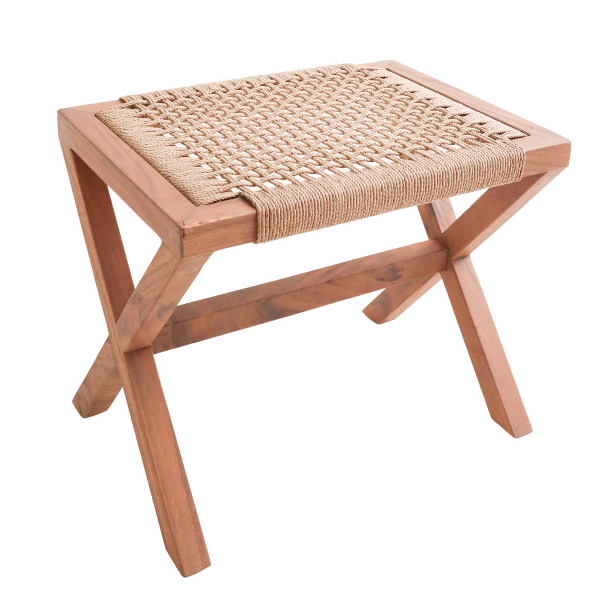 Large wooden stool INDRA (beige) made of Trembesi with a seat made of woven recycled paper