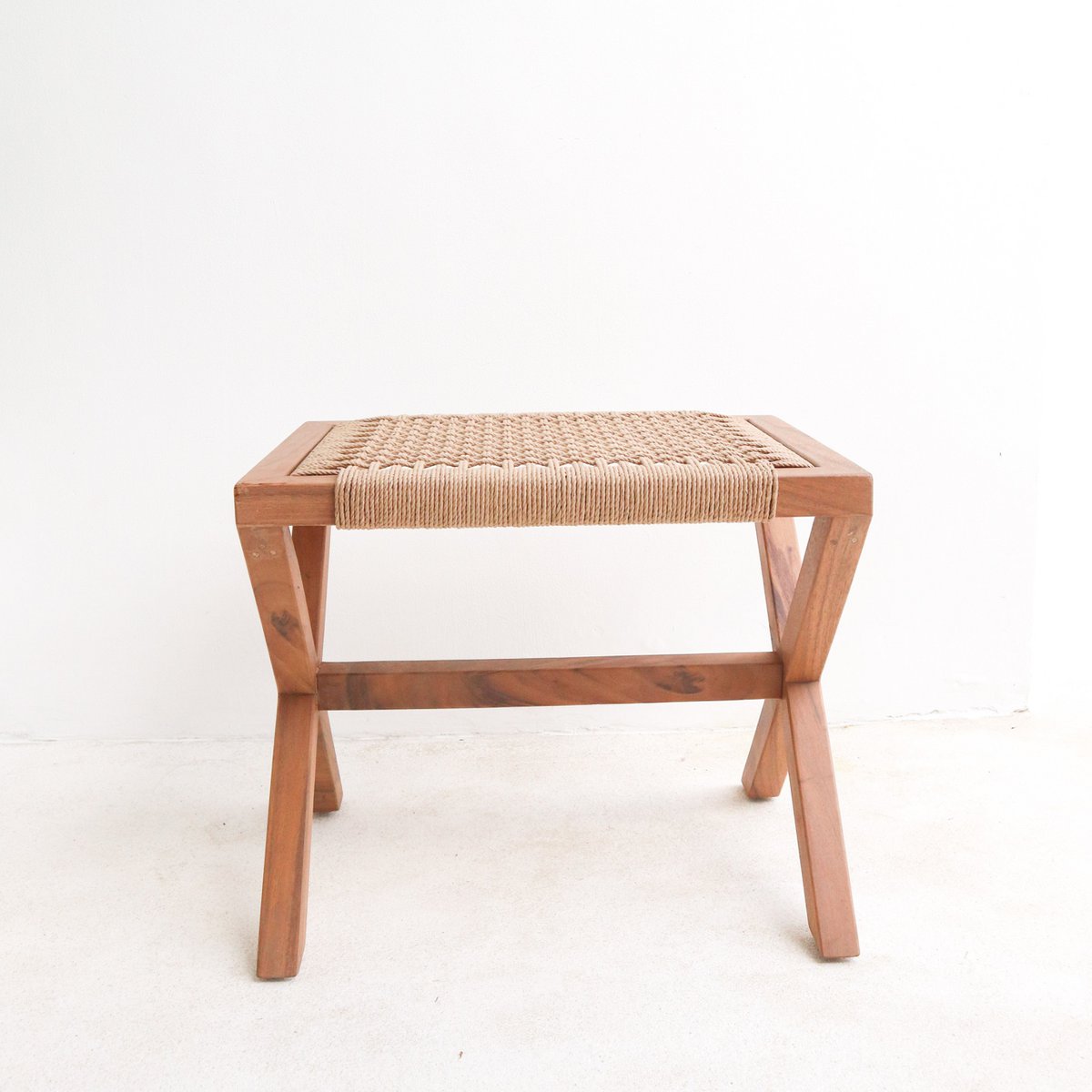 Large wooden stool INDRA (beige) made of Trembesi with a seat made of woven recycled paper