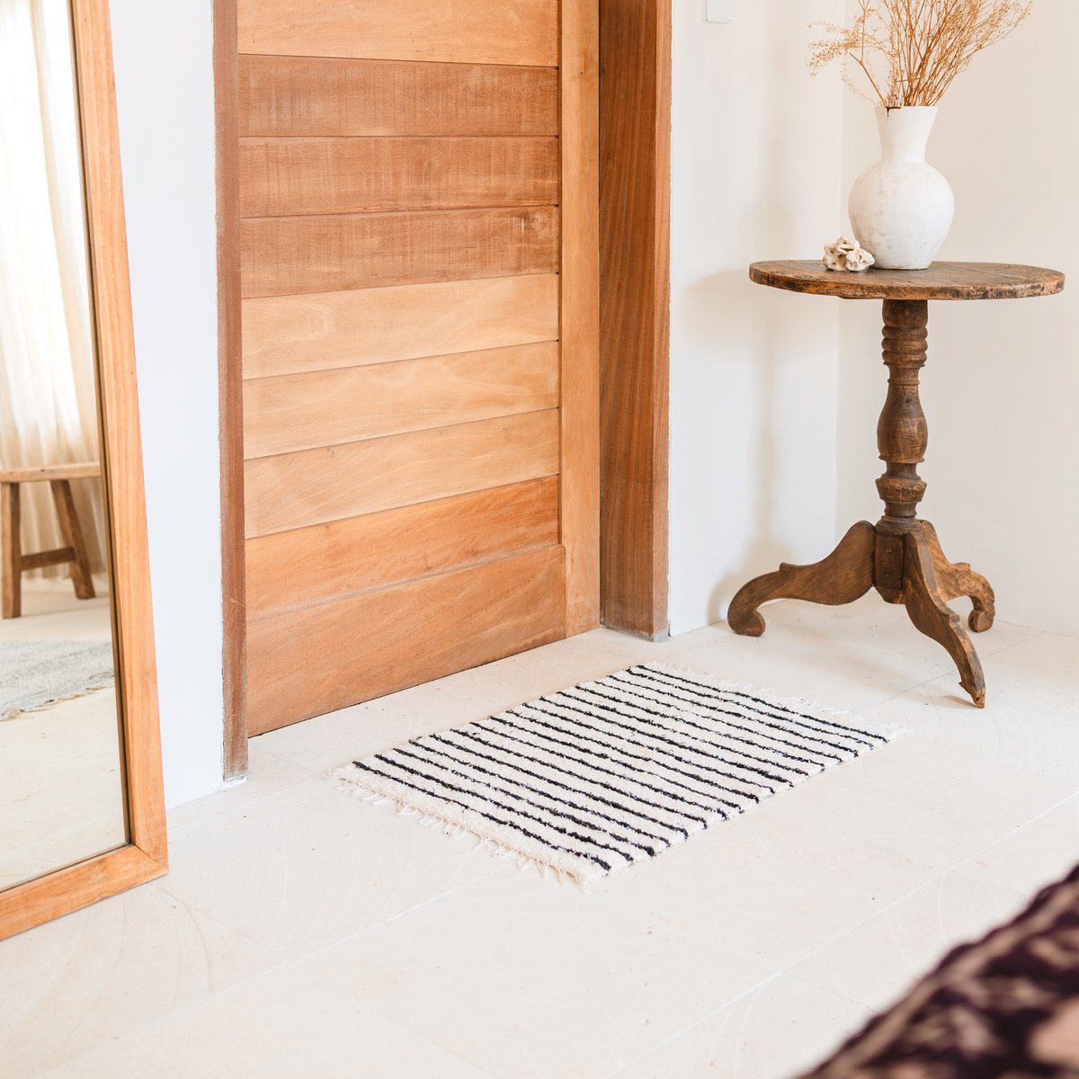 Small cotton rug - striped runner - boho rug black and white - soft bed mat - hand-woven rectangular rug 70x50 cm UNTUK