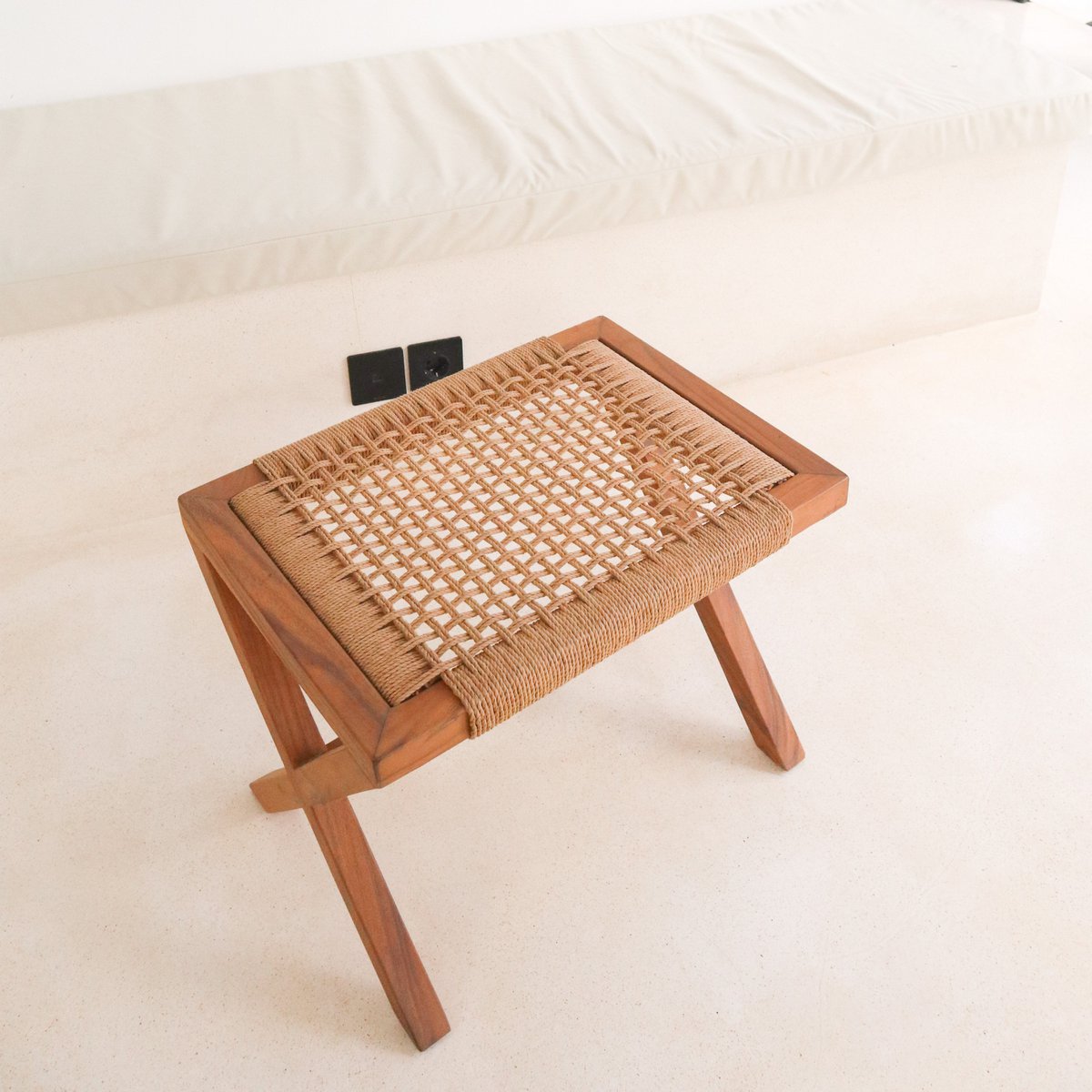 Large wooden stool INDRA (beige) made of Trembesi with a seat made of woven recycled paper