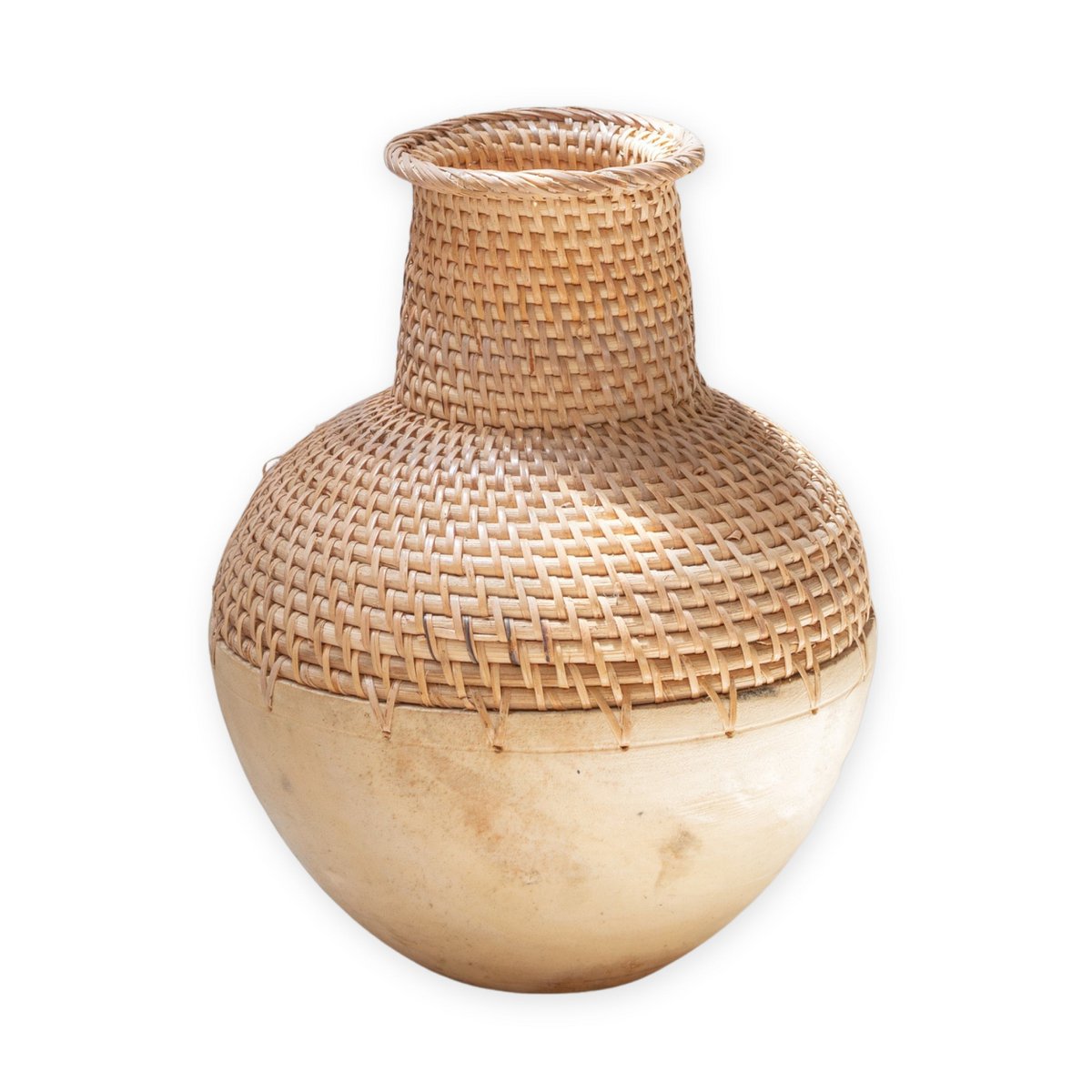 Geflochtene Boho Vase KAMARI aus Rattan und Holz