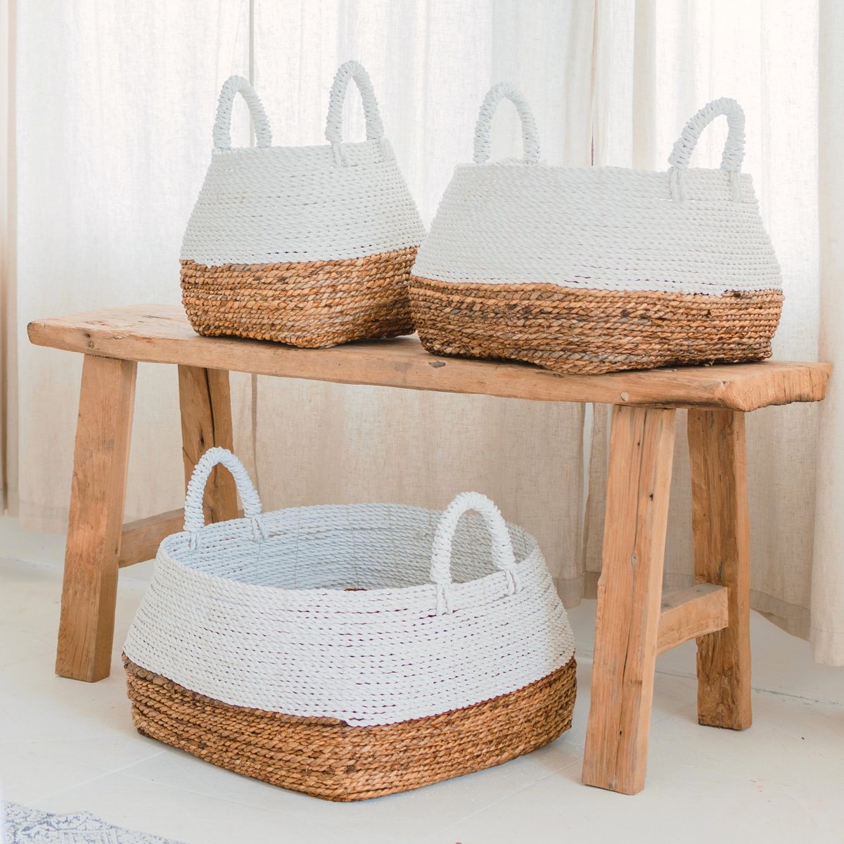 Woven storage basket white – Boho decorative basket – square laundry basket – shelf basket made of banana fiber MAJALENGKA white (3 sizes)