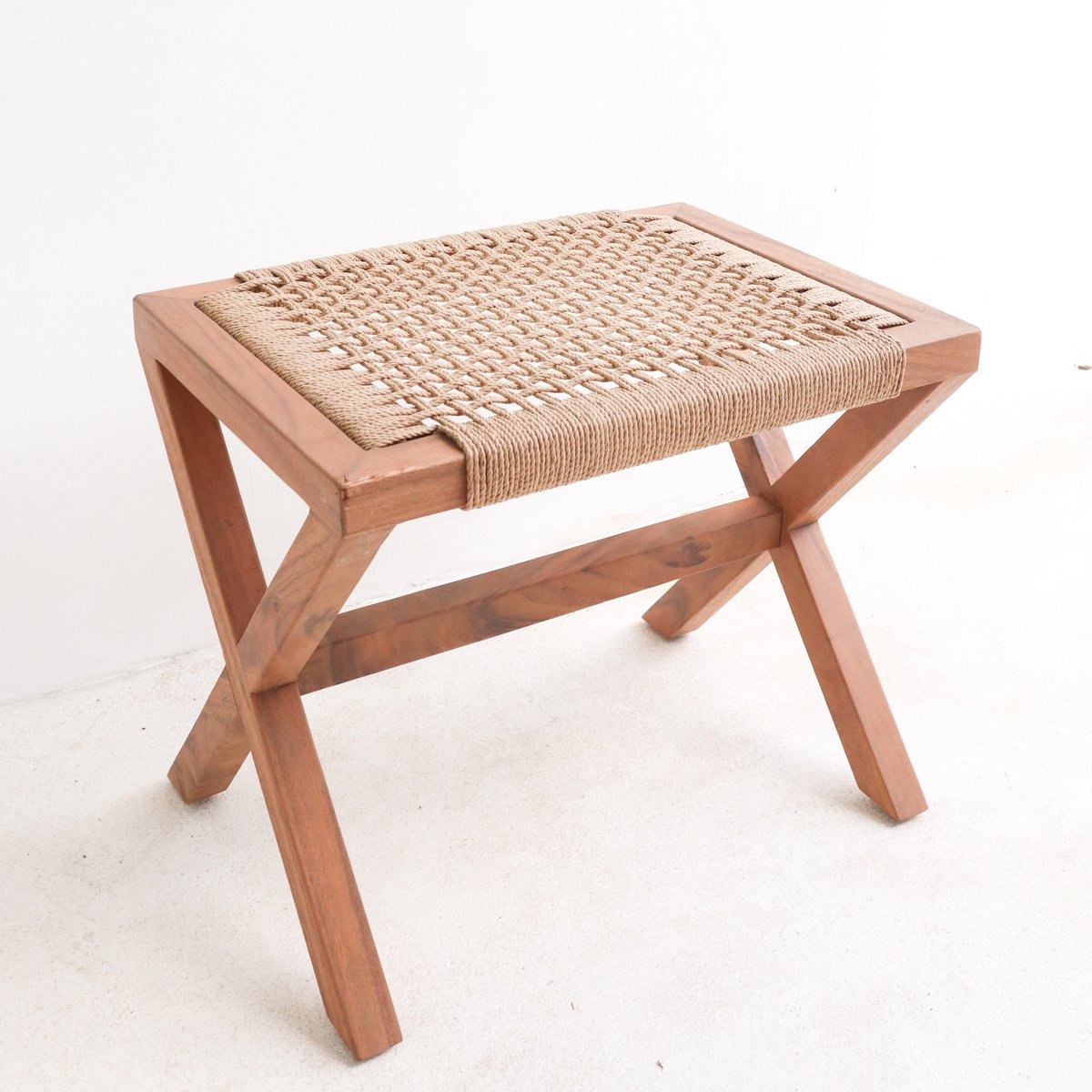 Large wooden stool INDRA (beige) made of Trembesi with a seat made of woven recycled paper