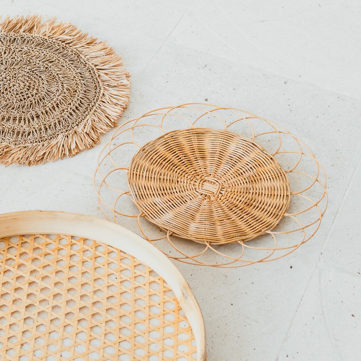 Boho wanddecoratieset |  rotan muurmanden |   handgemaakte set van 5 wandborden (Ø 15-45 cm)